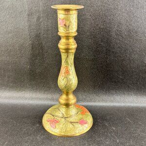 Vintage Enameled Cloisonne Brass Candlestick Candle Holder Made India
